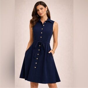 NWT Sharagano Navy Sleeveless Button Front Shirt Dress with Belt size 4